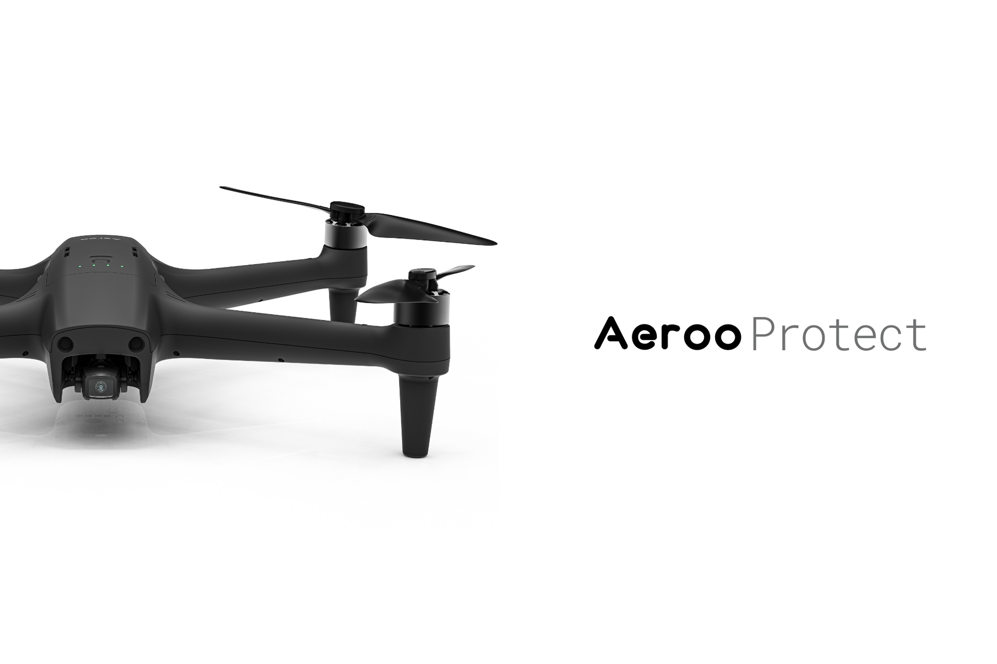 Aeroo Pro drone from front with the text "Aeroo Protect" on its right